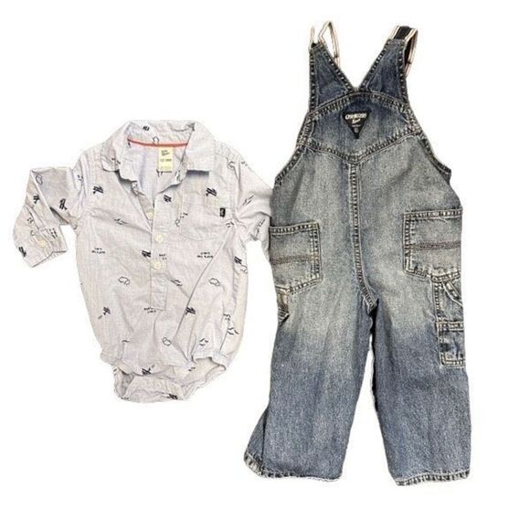 OshKosh B'Gosh Outfit Denim Overalls and Airplane Button Up - Picture 2 of 12